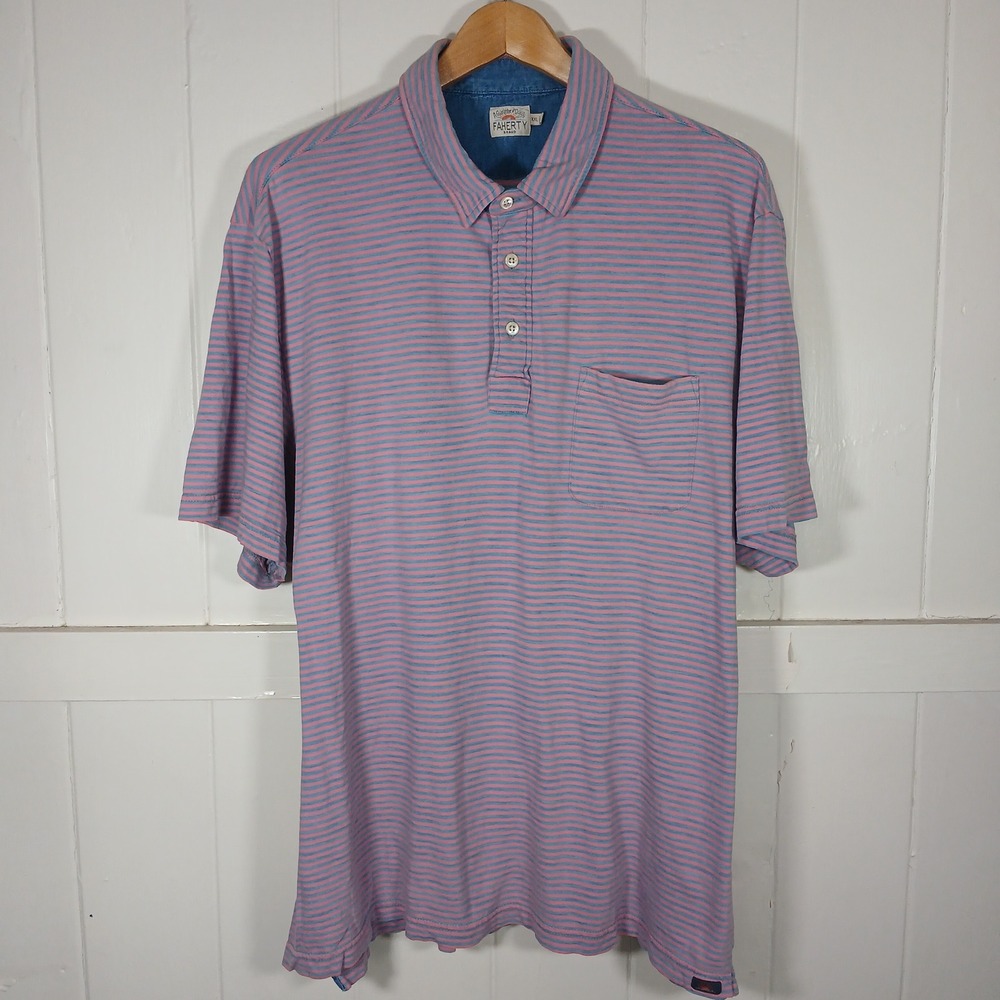 Faherty Polo Shirt Mens XXL Pink Blue Striped Organic Cotton Pocket Short Sleeve
